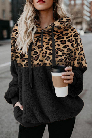 Casual Leopard Patchwork Hooded Collar Tops(4 Colors)