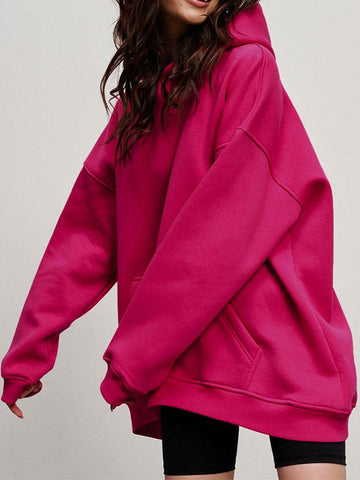 Sudadera con capucha de terciopelo de color liso con bolsillos sueltos y mangas largas 