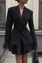 Black Lace Paneled Long Sleeve Waist-Cinched Soft Blazer