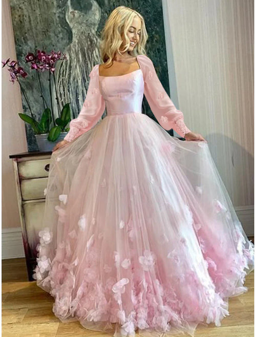 A-Line Prom Dresses Maxi Dress Wedding Guest Sweet  Floor Length Long Sleeve Scoop Neck Tulle