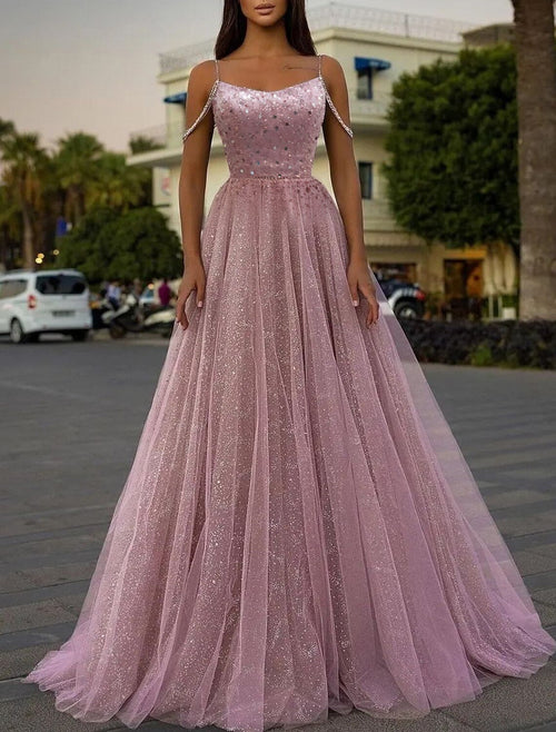 A-Linien-Abendkleid, Glitzerkleid, Hochzeitsgastkleid, Ballkleid mit Schleppe, ärmellos, Spaghettiträger, Pailletten 
