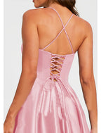 A-Linien-Abendkleid, minimalistisches Kleid, formelles Hochzeitsgastkleid, bodenlang, ärmellos, V-Ausschnitt, Brautjungfernkleid, Stretch-Satin, rückenfrei 