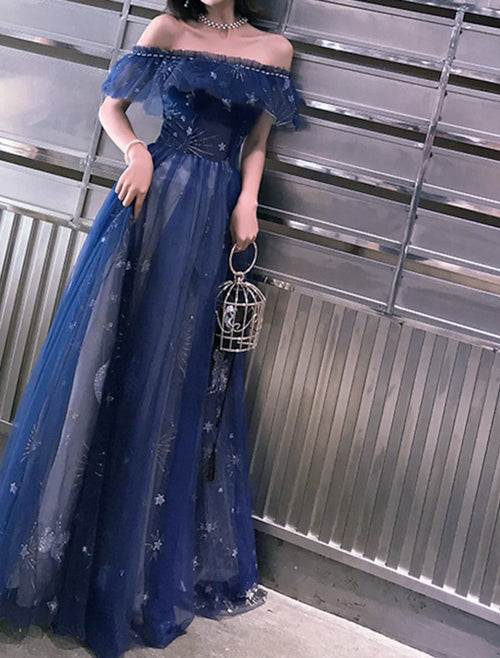 A-Line Prom Dresses Elegant Dress Wedding Guest Party Wear Floor Length Short Sleeve Off Shoulder Tulle with Embroidery Tiered dress to impress&nbsp;