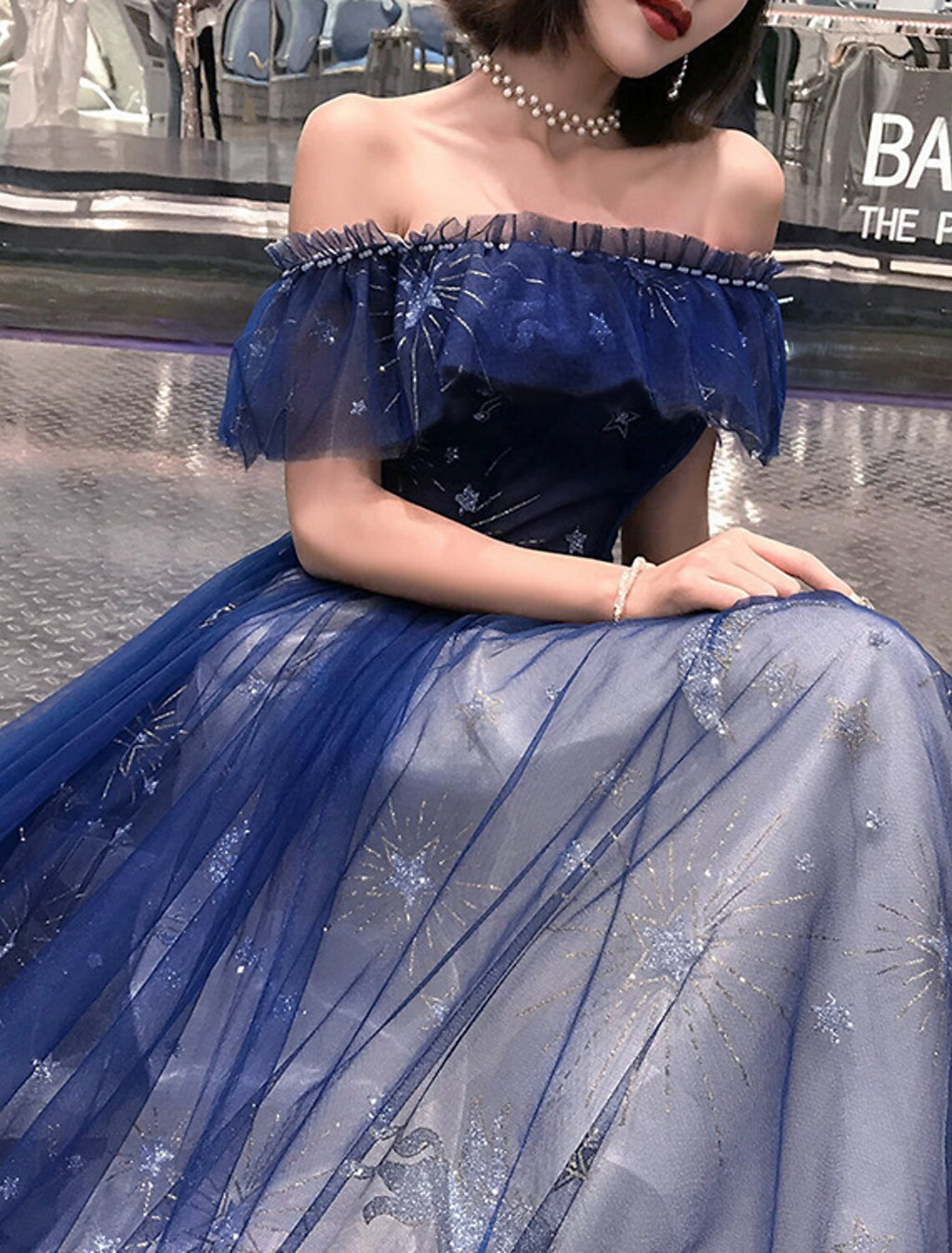 A-Line Prom Dresses Elegant Dress Wedding Guest Party Wear Floor Length Short Sleeve Off Shoulder Tulle with Embroidery Tiered dress to impress&nbsp;