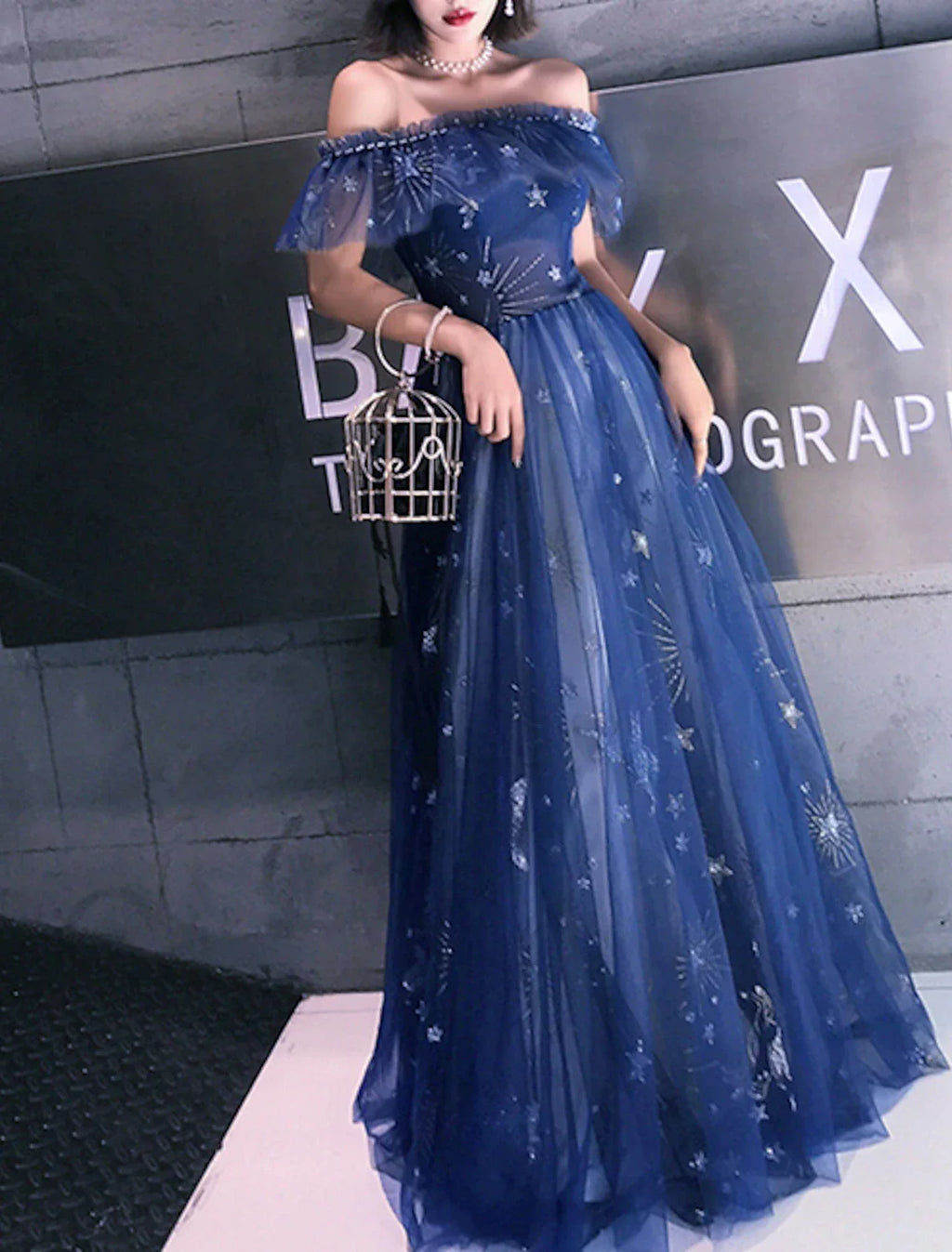A-Line Prom Dresses Elegant Dress Wedding Guest Party Wear Floor Length Short Sleeve Off Shoulder Tulle with Embroidery Tiered dress to impress&nbsp;
