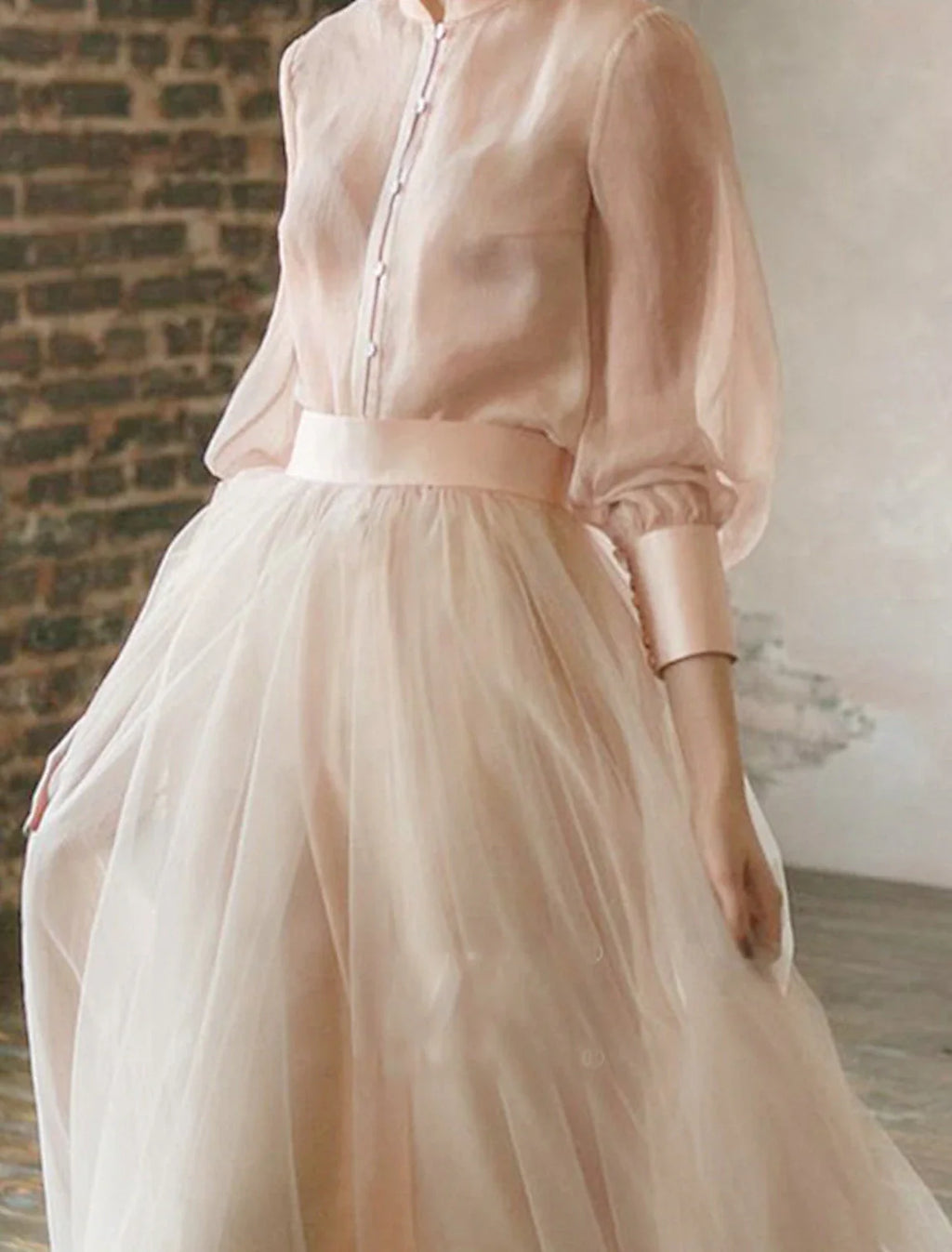 Zweiteiliges Ballkleid im Empire-Stil, formelles Abendkleid für Hochzeitsgäste, bodenlang, langärmelig, Stehkragen, Chiffon 
