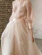 Zweiteiliges Ballkleid im Empire-Stil, formelles Abendkleid für Hochzeitsgäste, bodenlang, langärmelig, Stehkragen, Chiffon 
