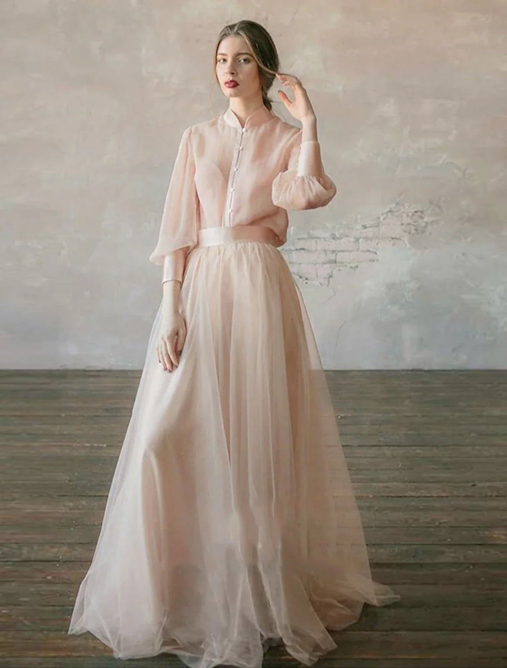 Zweiteiliges Ballkleid im Empire-Stil, formelles Abendkleid für Hochzeitsgäste, bodenlang, langärmelig, Stehkragen, Chiffon 
