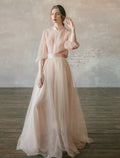 Zweiteiliges Ballkleid im Empire-Stil, formelles Abendkleid für Hochzeitsgäste, bodenlang, langärmelig, Stehkragen, Chiffon 