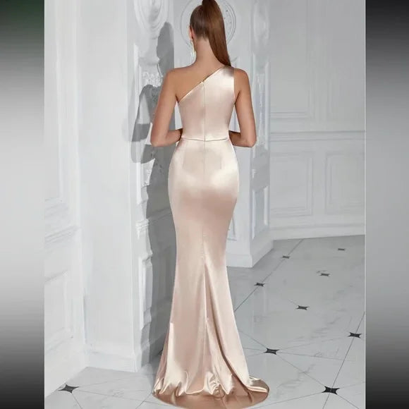 Luxe baby one shoulder slit thigh party formal prom gown dress