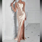 Luxe baby one shoulder slit thigh party formal prom gown dress