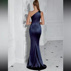 Luxe baby one shoulder slit thigh party formal prom gown dress