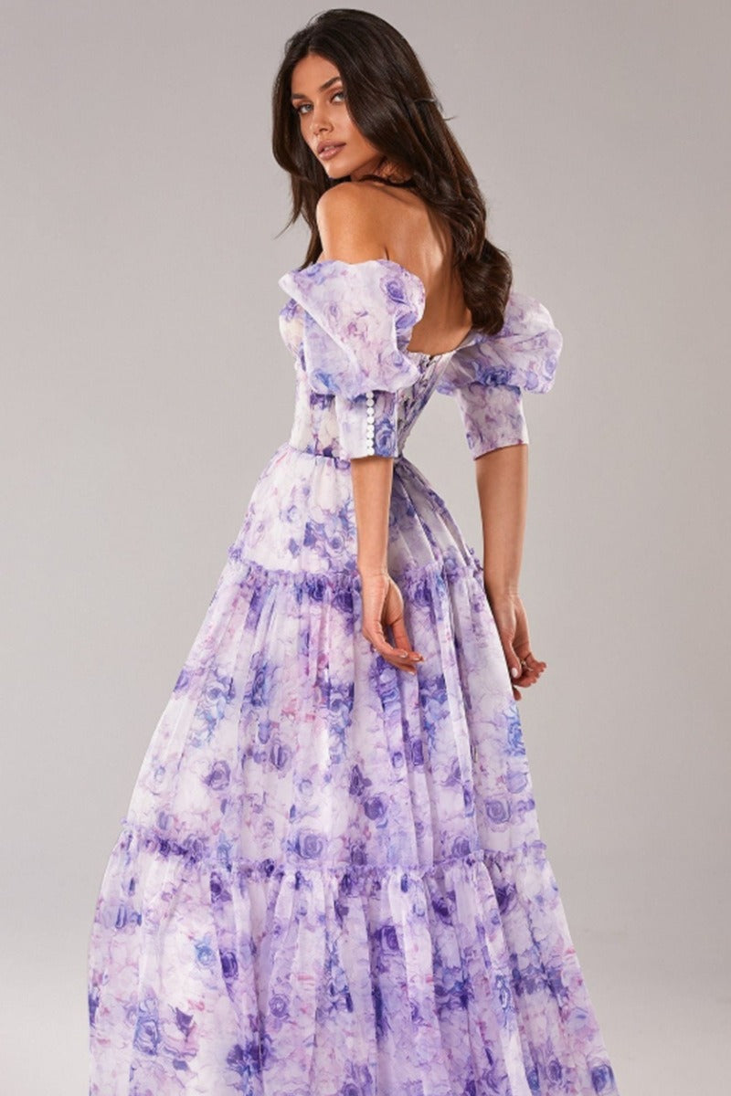 Floral Print Off Shoulder Puff Sleeve Organza Maxi Dress