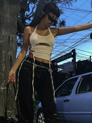 Top corto sexy de verano Y2K con espalda descubierta para mujer, con agujeros, blanco, sin mangas, estilo vendaje, estilo halter, ropa de calle, camisola de los años 90 
