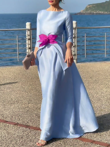 Three-Quarter Sleeves Solid Color Tied Waist Boat Neck Maxi Dresses