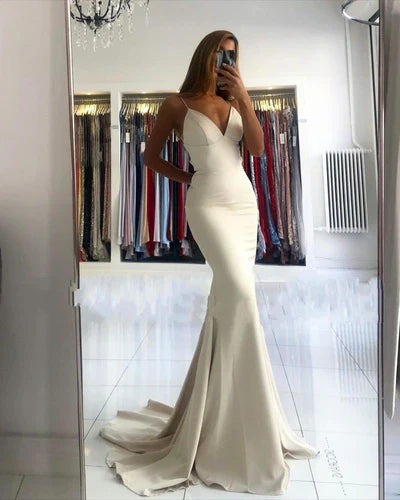 Simple style V-neck Mermaid Spaghetti Strap Evening Dress