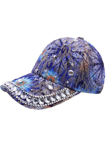 Gorra de béisbol de algodón con parches y estampado de circonitas azules elegantes 