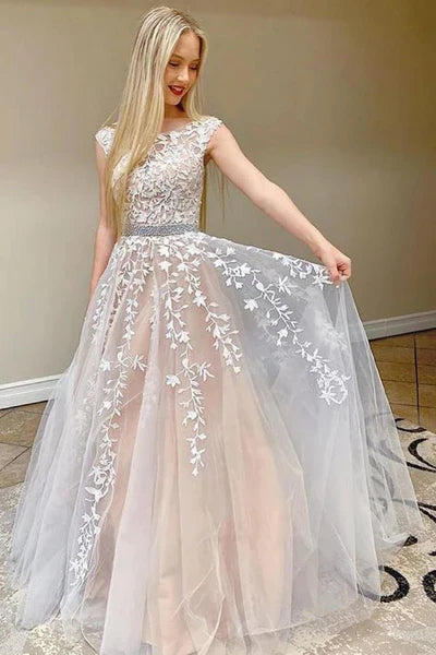Wunderschönes Spitzen-Abendkleid mit kurzen Ärmeln, langes Tüll-Abendkleid