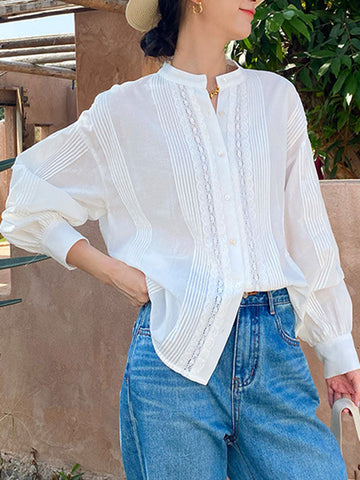 Long Sleeves Loose Buttoned Pleated Solid Color Split-Joint Stand Collar Blouses&Shirts Tops