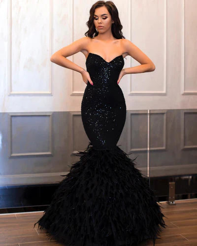 Vestido de noche con corte sirena, escote corazón, mangas largas, largo hasta el suelo, con lentejuelas 