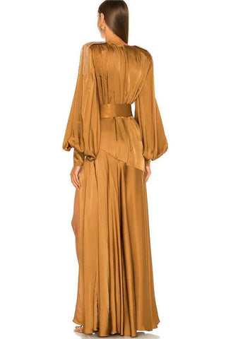 Maxikleid mit Laternenärmeln und V-Ausschnitt und Schlitz Gelb 