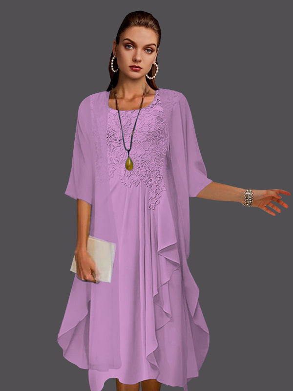 Zweiteiliges, ärmelloses A-Linien-Kleid aus Chiffonspitze mit Faltenapplikationen 