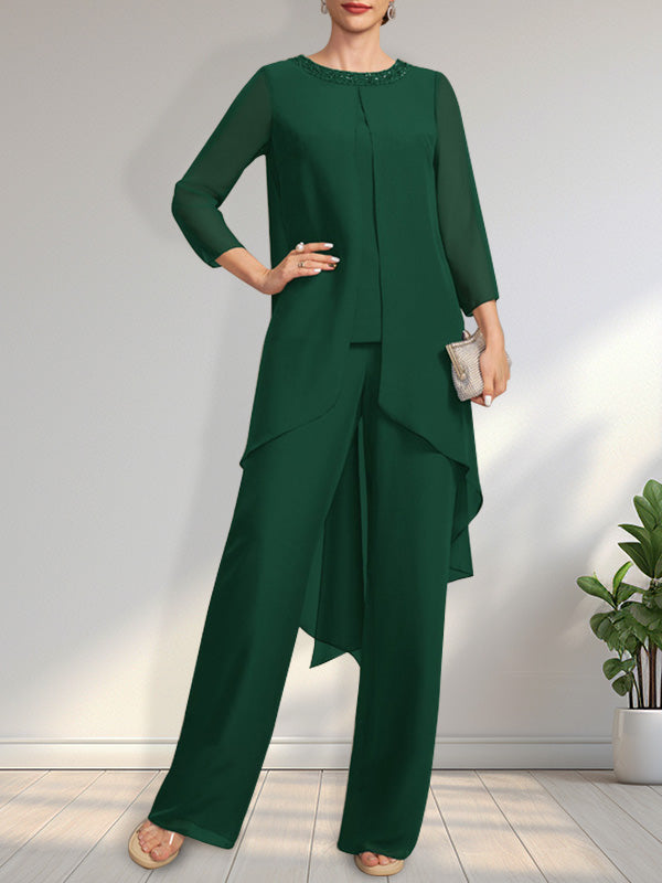 Zweiteiliger Jumpsuit/Hosenanzug, bodenlanges Chiffonkleid für die Mutter der Braut mit Paillettenbesatz und Rundhalsausschnitt.