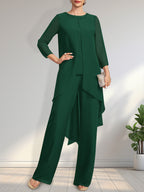 Zweiteiliger Jumpsuit/Hosenanzug, bodenlanges Chiffonkleid für die Mutter der Braut mit Paillettenbesatz und Rundhalsausschnitt.