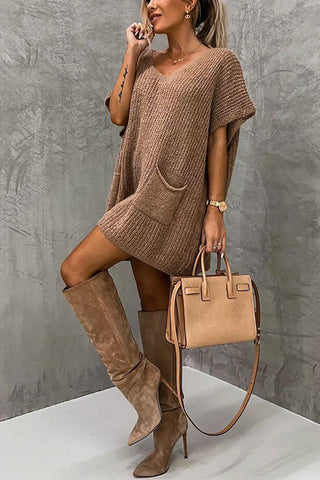 Suéter tipo poncho Meridress de gran tamaño con cuello en V, mangas cortas y bolsillos