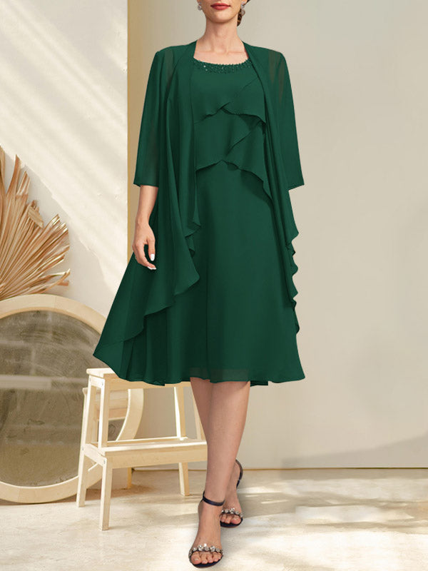 A-Linien-Chiffonkleid mit Rundhalsausschnitt und Perlenstickerei, knielang, für die Mutter der Braut