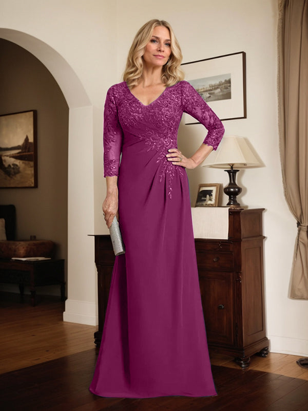 Etuikleid/Säulenkleid mit V-Ausschnitt, Illusion-Detail, bodenlang, aus Chiffonspitze und plissierten Pailletten für die Mutter der Braut 