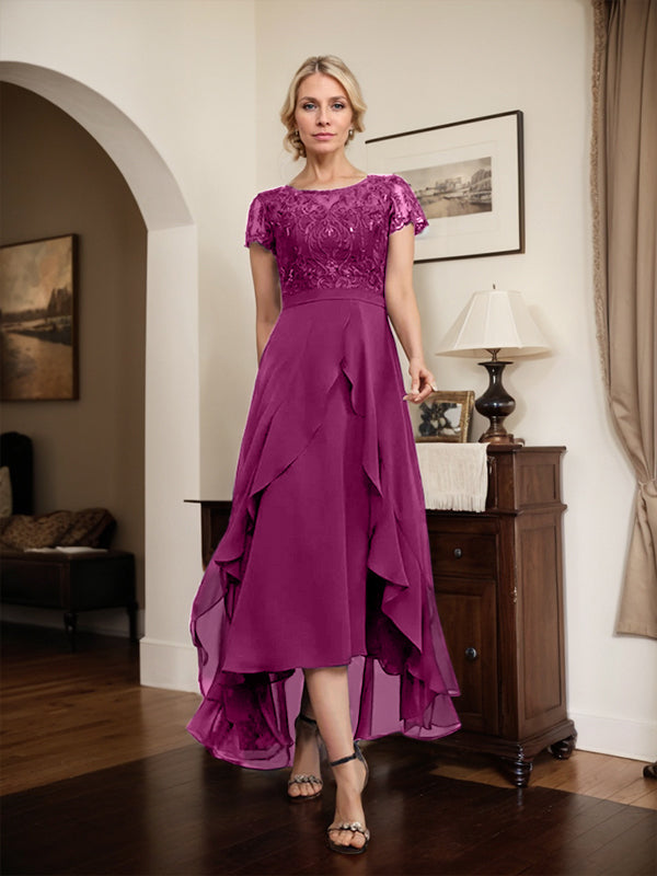 Vestido de madre de la novia de gasa asimétrica con escote en A, ilusión, encaje, lazo, volantes y lentejuelas 