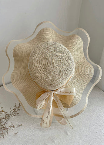 Sombrero para el sol flexible tejido de paja con lazo de tul beige elegante 