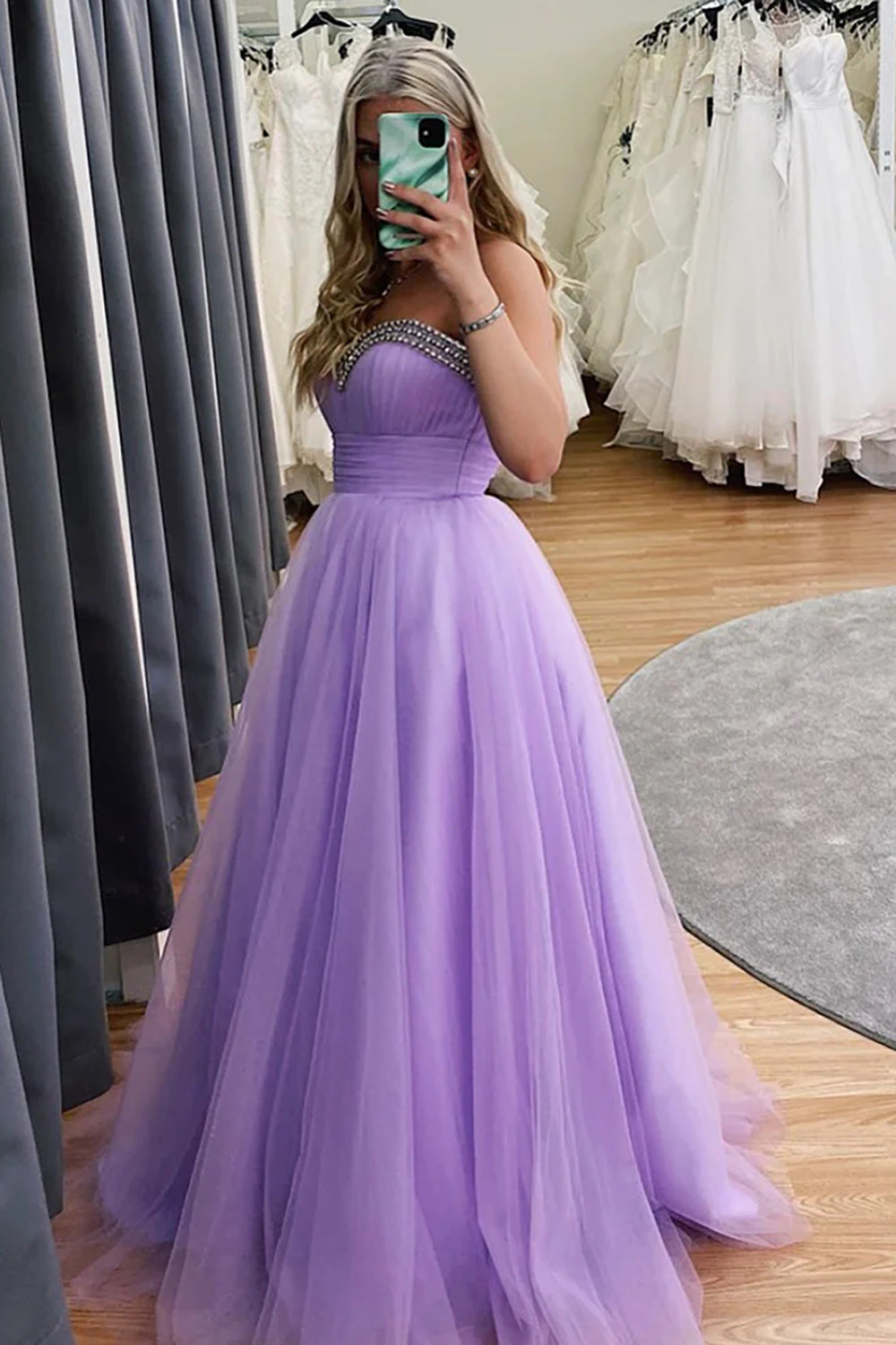 Princess A Line Sweetheart Purple Long Prom Dress with Beading
