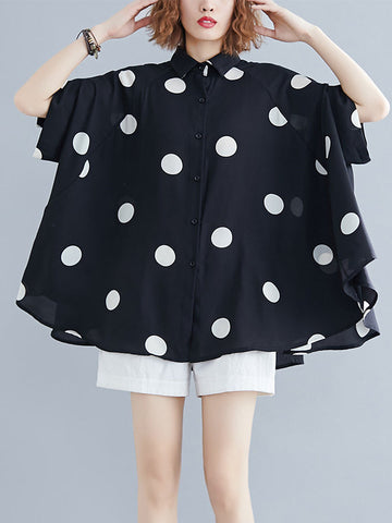 Fledermausärmel Lose Polka-Dot Revers Blusen &amp; Hemden Tops 