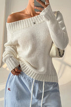 Solid Asymmetric Off-Shoulder Pullover Knit Top