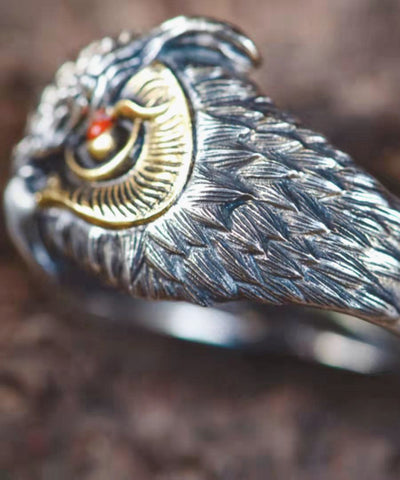 Anillos abiertos de búho con ágata roja fina en plata de ley 