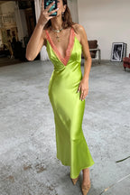 Lace V-Neck Color Block Bodycon Maxi Dress
