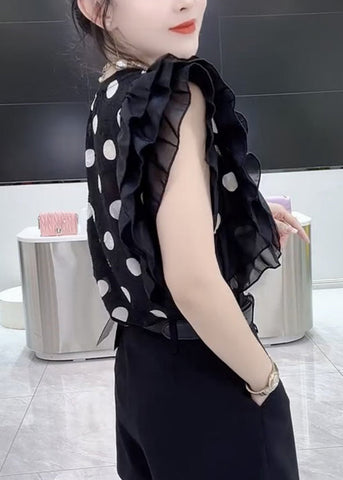 Nueva blusa de gasa negra con cuello redondo y volantes estampados de verano 