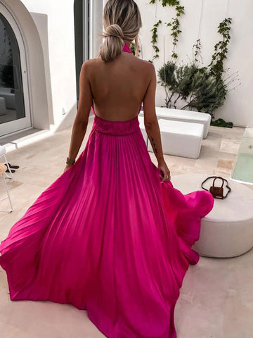 Neckholder-Maxikleid, ärmellos, lässig, rückenfrei, plissiert, bodenlanges Kleid 