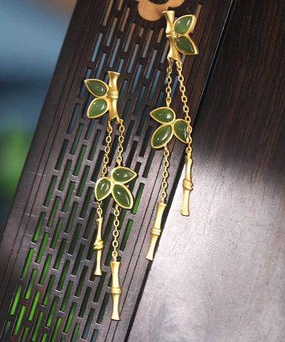 Moderne grüne Sterling Silber Overgild Bambus Tropfen Ohrringe 