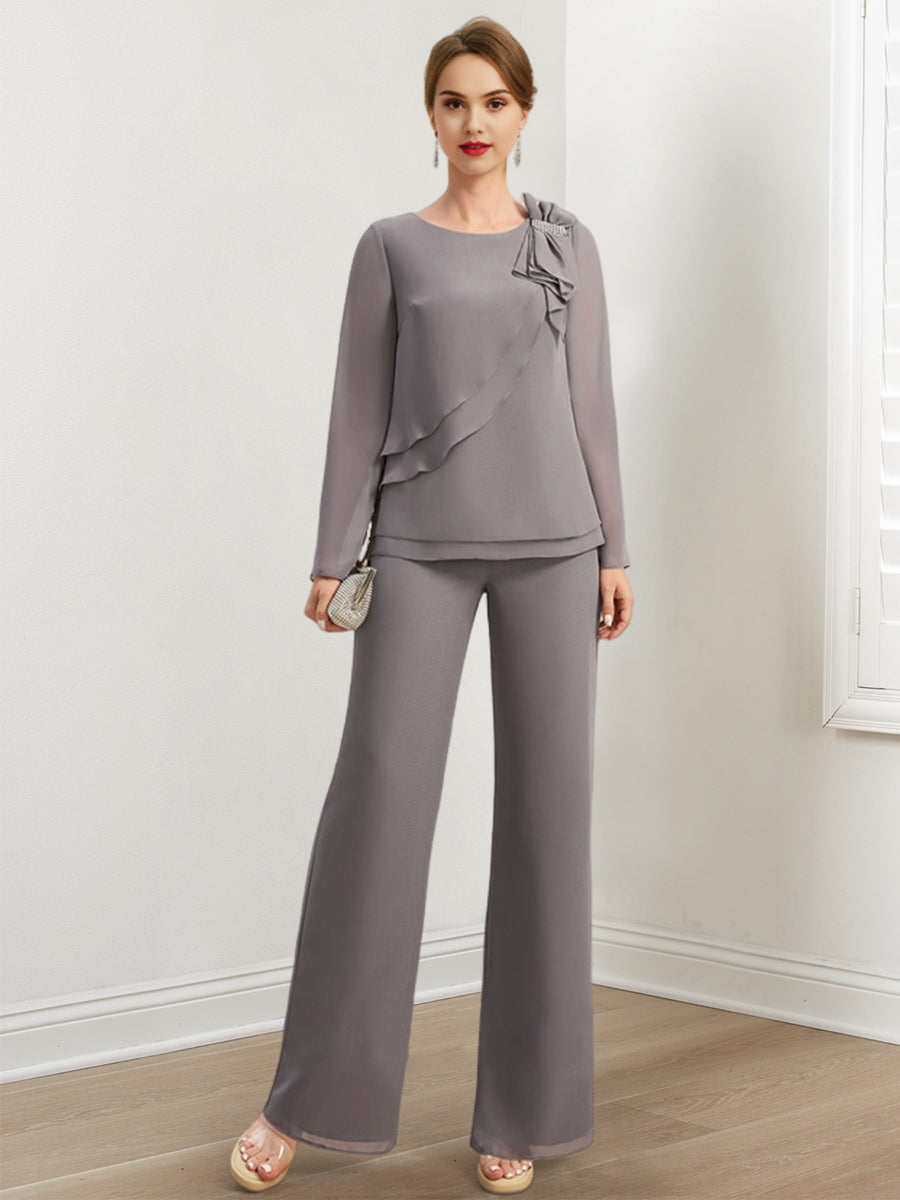 Chiffon-Hosenanzüge für die Mutter der Braut mit Perlenstickerei und Rüschen 