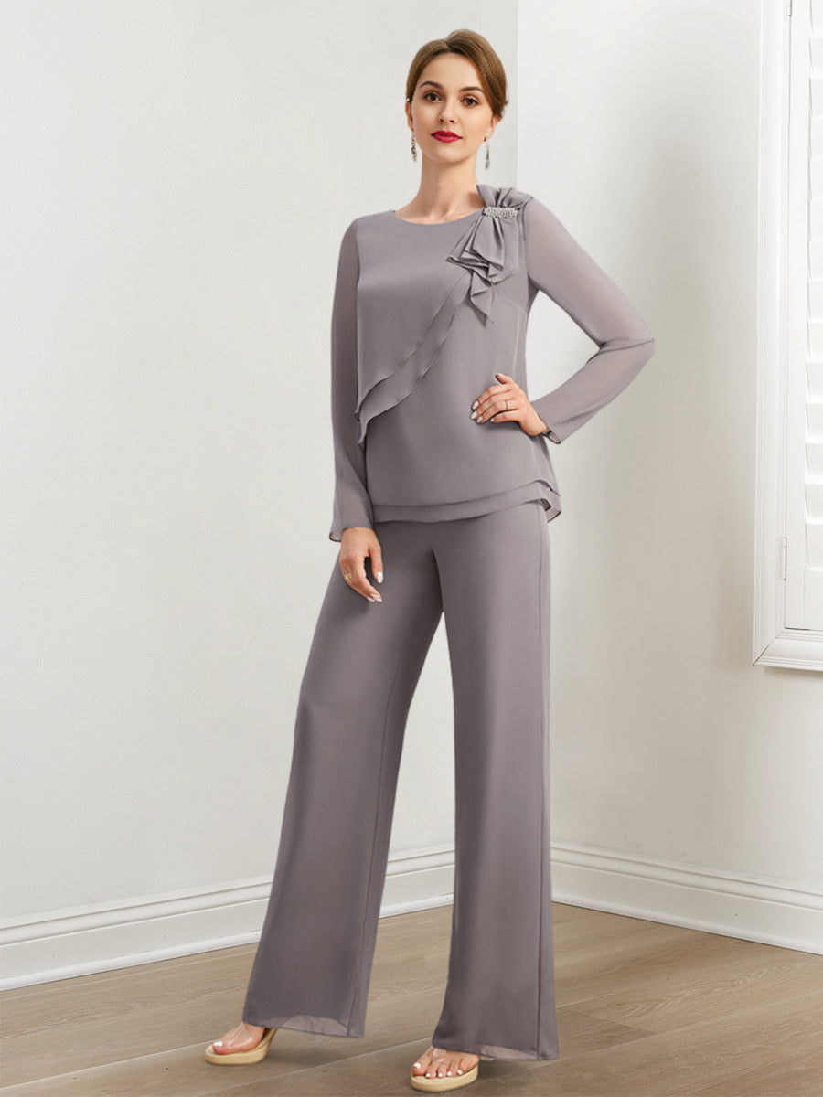 Chiffon-Hosenanzüge für die Mutter der Braut mit Perlenstickerei und Rüschen 