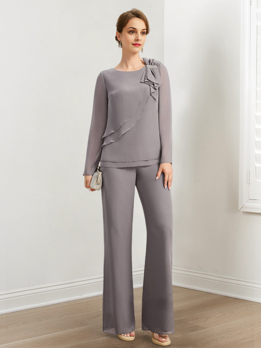 Chiffon-Hosenanzüge für die Mutter der Braut mit Perlenstickerei und Rüschen 