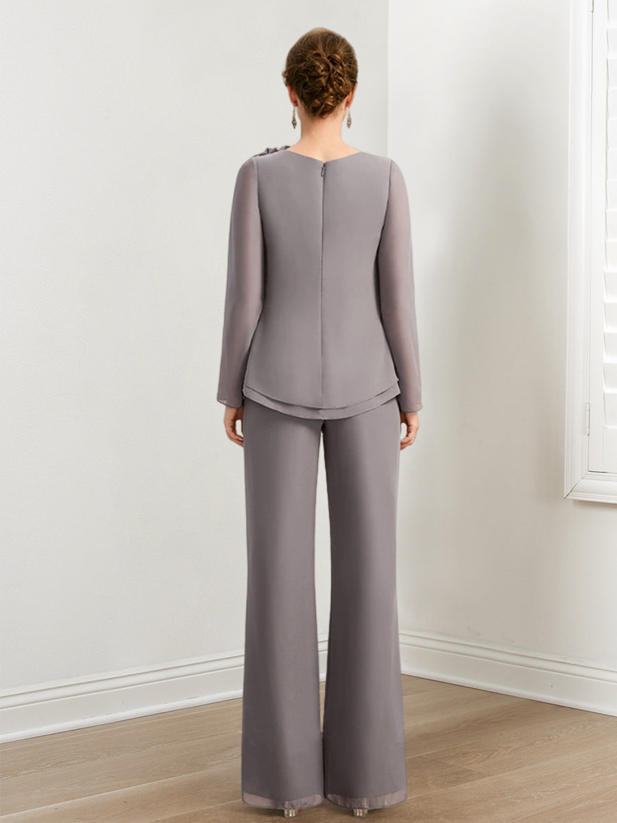 Chiffon-Hosenanzüge für die Mutter der Braut mit Perlenstickerei und Rüschen 