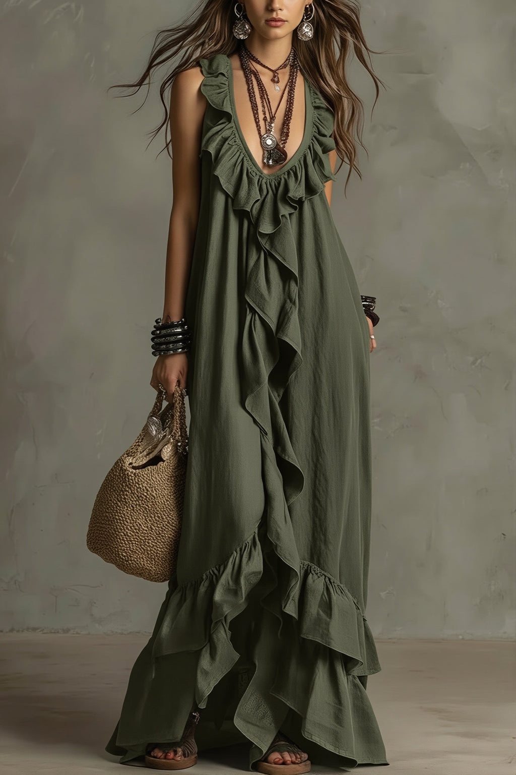 Ruffle Sleeveless Casual Long Boho Dress