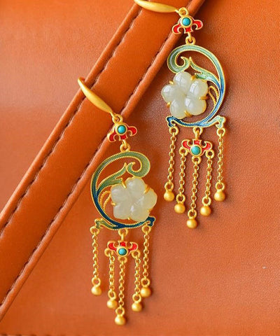 Moderne Tropfenohrringe aus gelbem Sterlingsilber mit Jade- und Türkiseinlage 