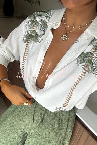 Tropical Calling – Lockere Bluse aus Leinenmischung mit einzigartigem Druck und Hosenset mit Taschen und elastischer Taille 