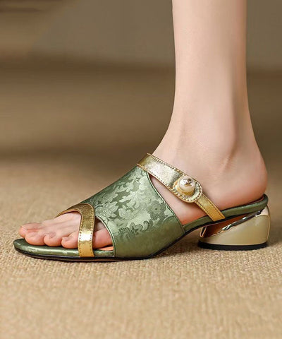 Sandalias con punta abierta y elegantes de piel de vaca verde 