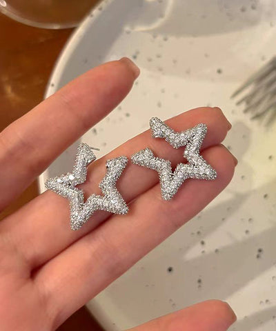 Art Silk Sterling Silver Zircon Star Stud Earrings